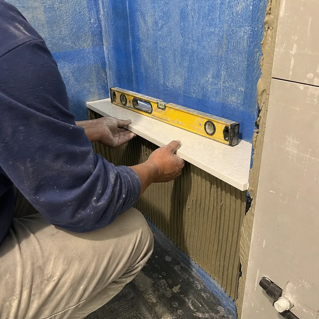 Contractor installing a stone bathroom shelf during home renovation