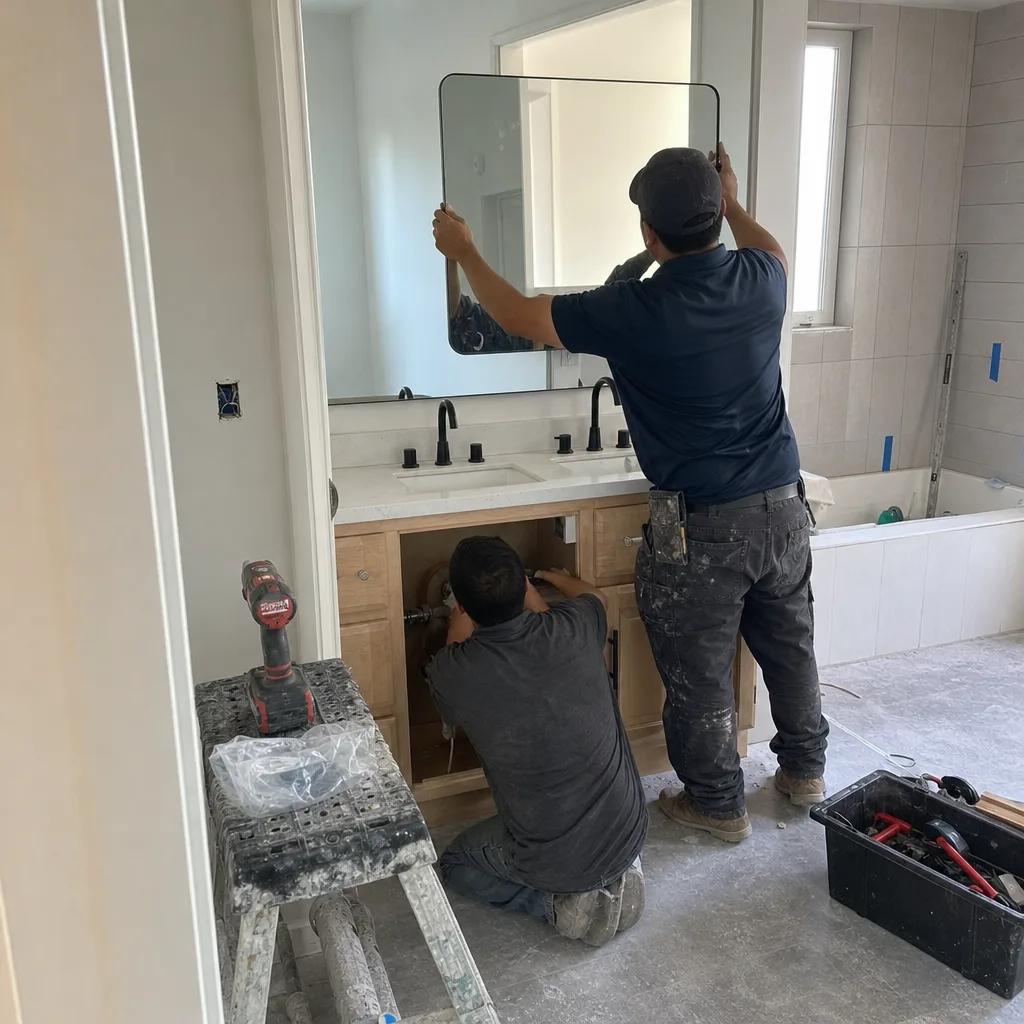Contractors performing professional bathroom remodeling and vanity installation