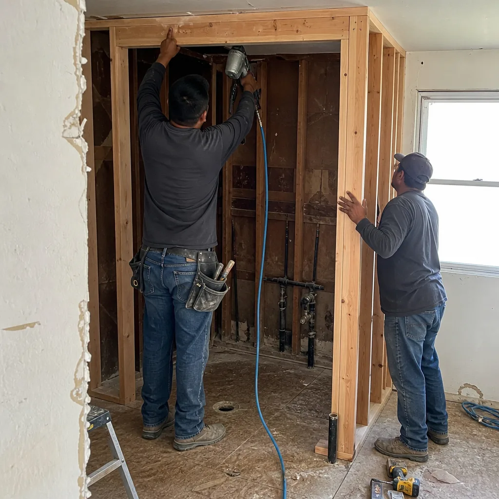 Contractors building a new wooden shower frame during bathroom remodeling