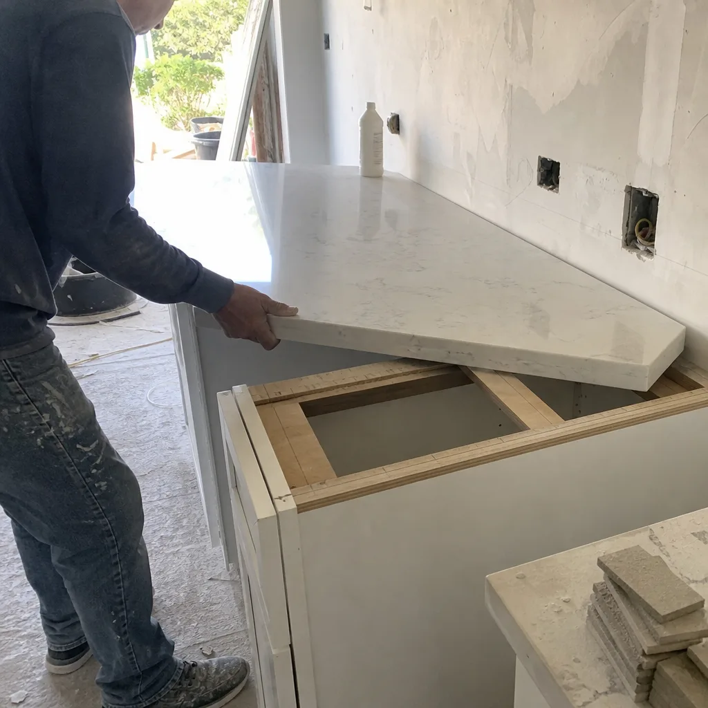 Professional contractor installing a marble kitchen countertop during a home remodel